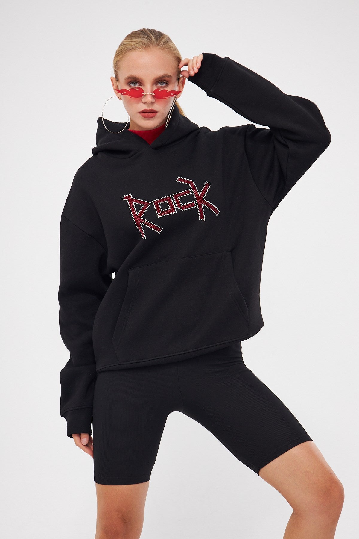 Kapüşonlu İçi Polar Rock Yazılı Taş Baskılı Siyah Oversize Hoodie Sweatshirt
