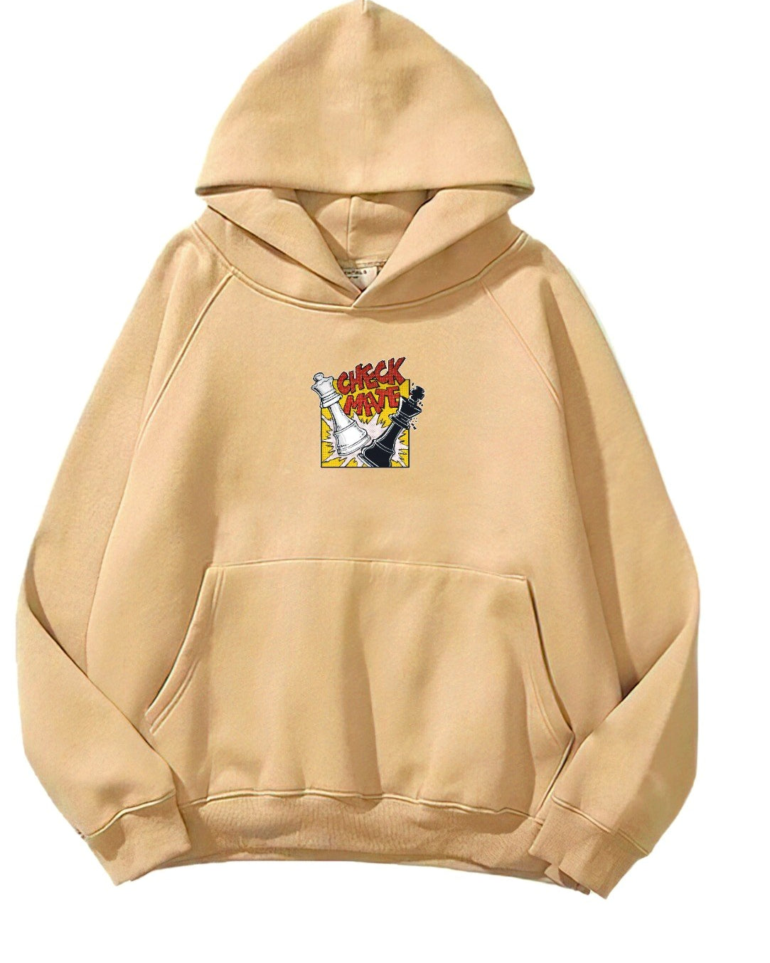 Kapüşonlu İçi Polar Satranç Cartoon Baskılı Bej Unisex Oversize Hoodie Sweatshirt
