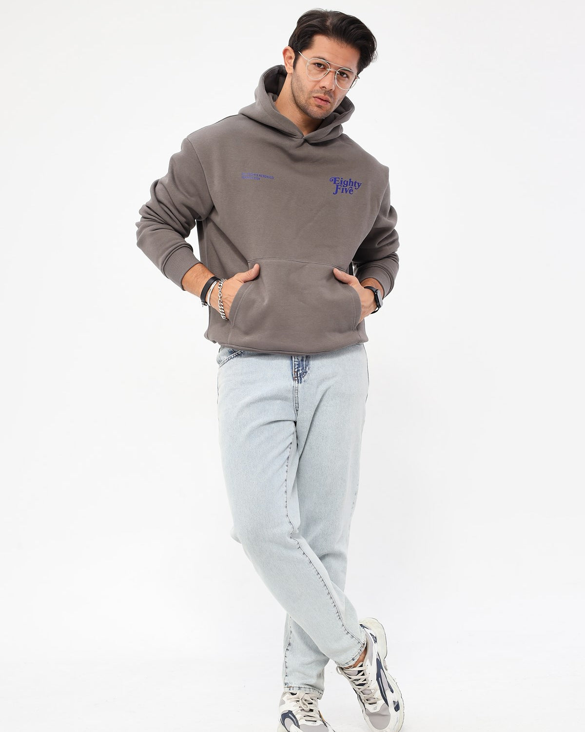 Kapüşonlu İçi Polar Eighty Five Yazı Baskılı Füme Hoodie Oversize Sweatshirt