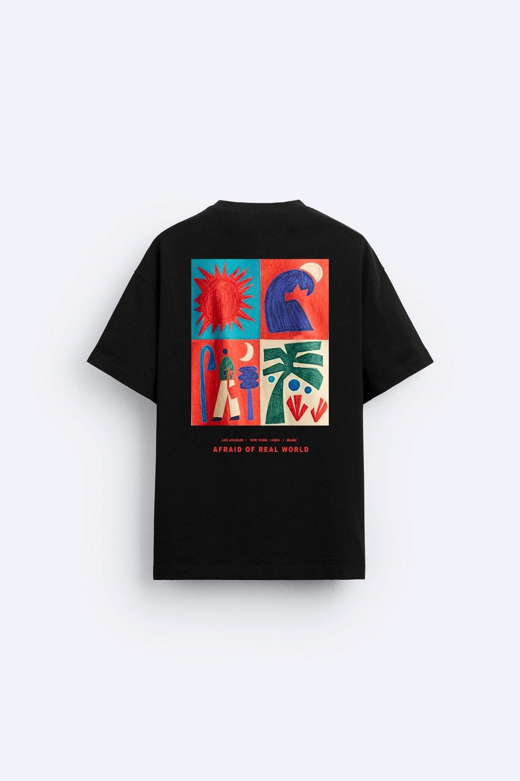 Bisiklet Yaka Afraid Of Real World Baskılı Siyah Oversize Erkek T-shirt