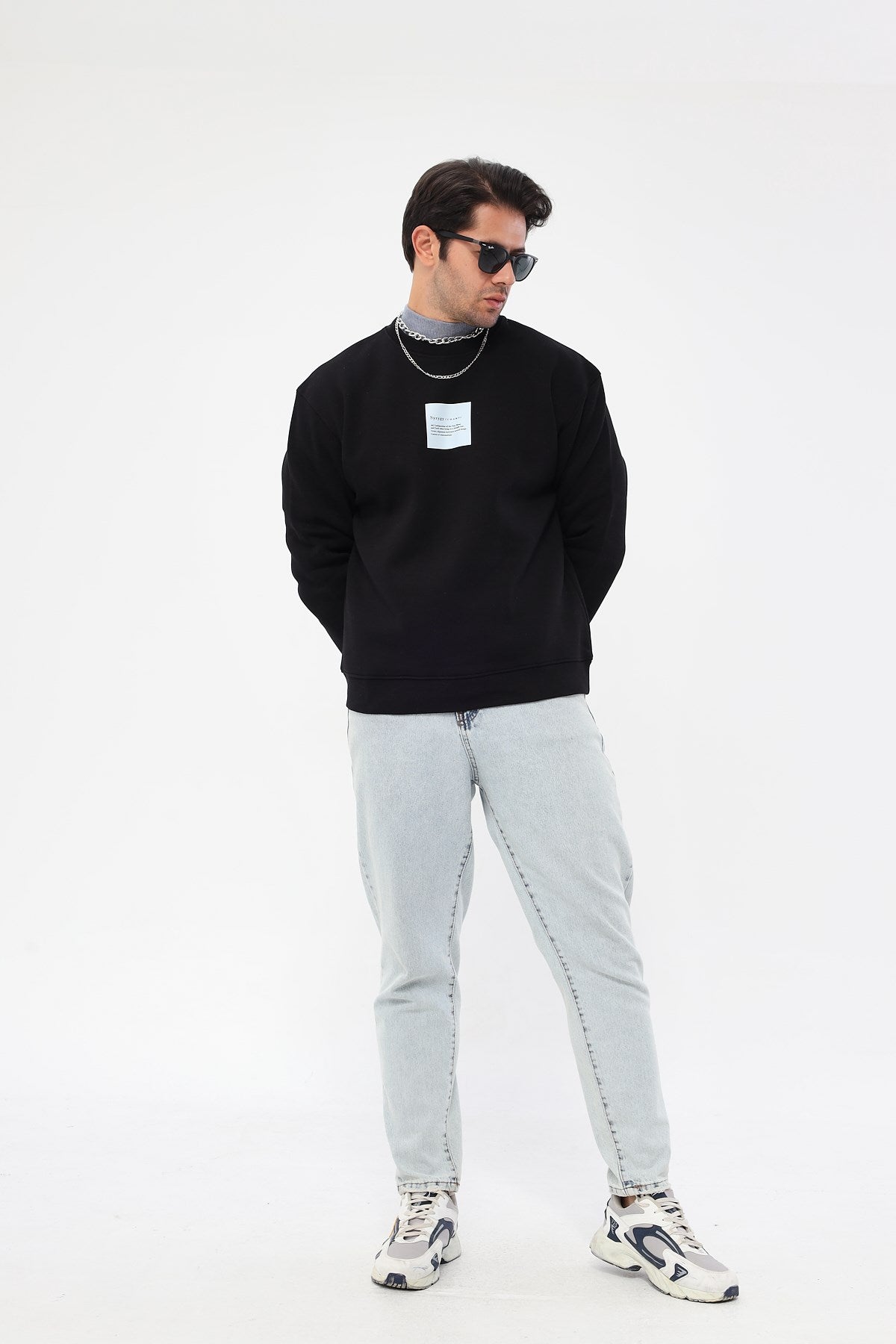 Bisiklet Yaka İçi Polar Syzygy Yazı Baskılı Siyah Oversize Sweatshirt