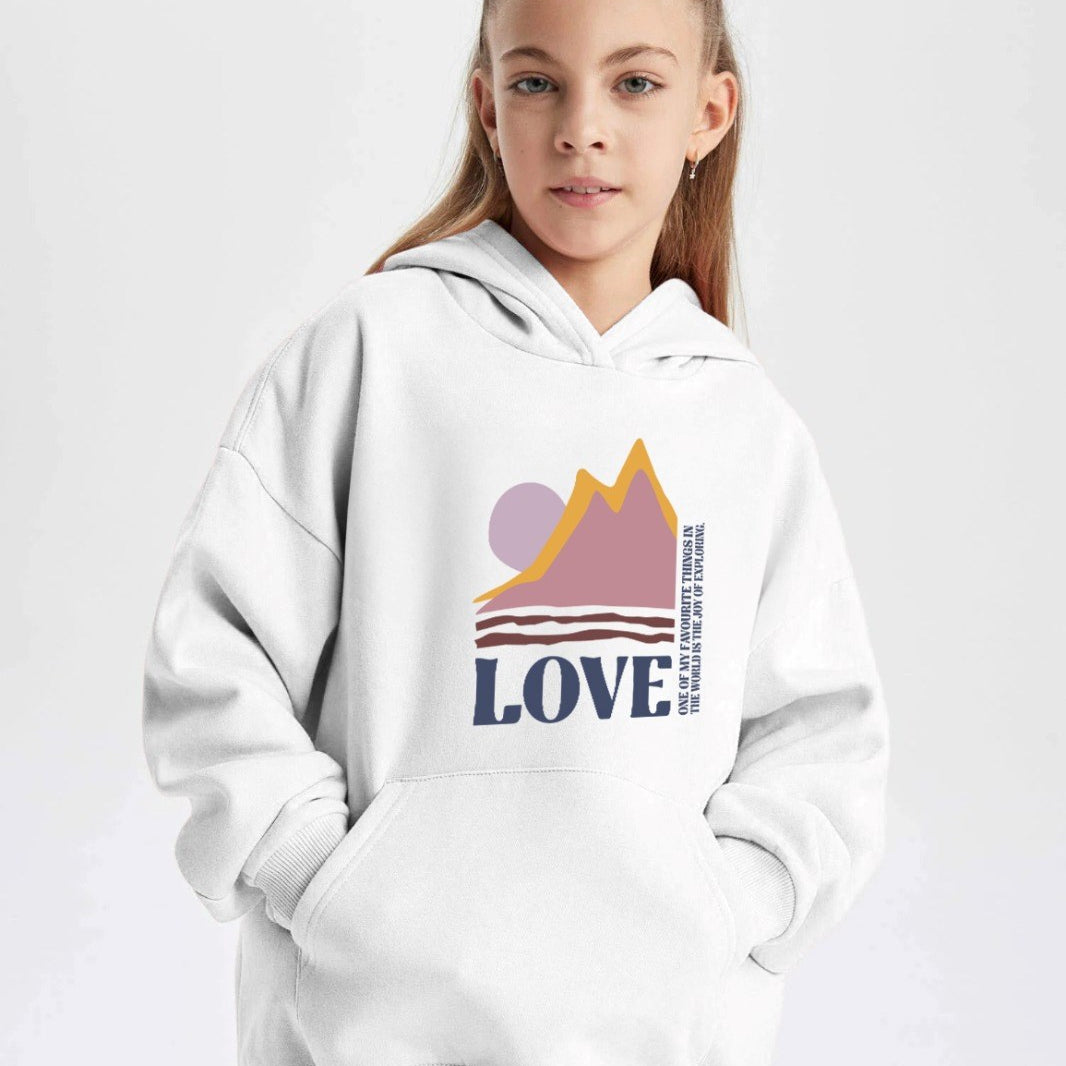 Kapüşonlu İçi Polar Love Yazı Baskılı Beyaz Unisex Çocuk Hoodie Sweatshirt