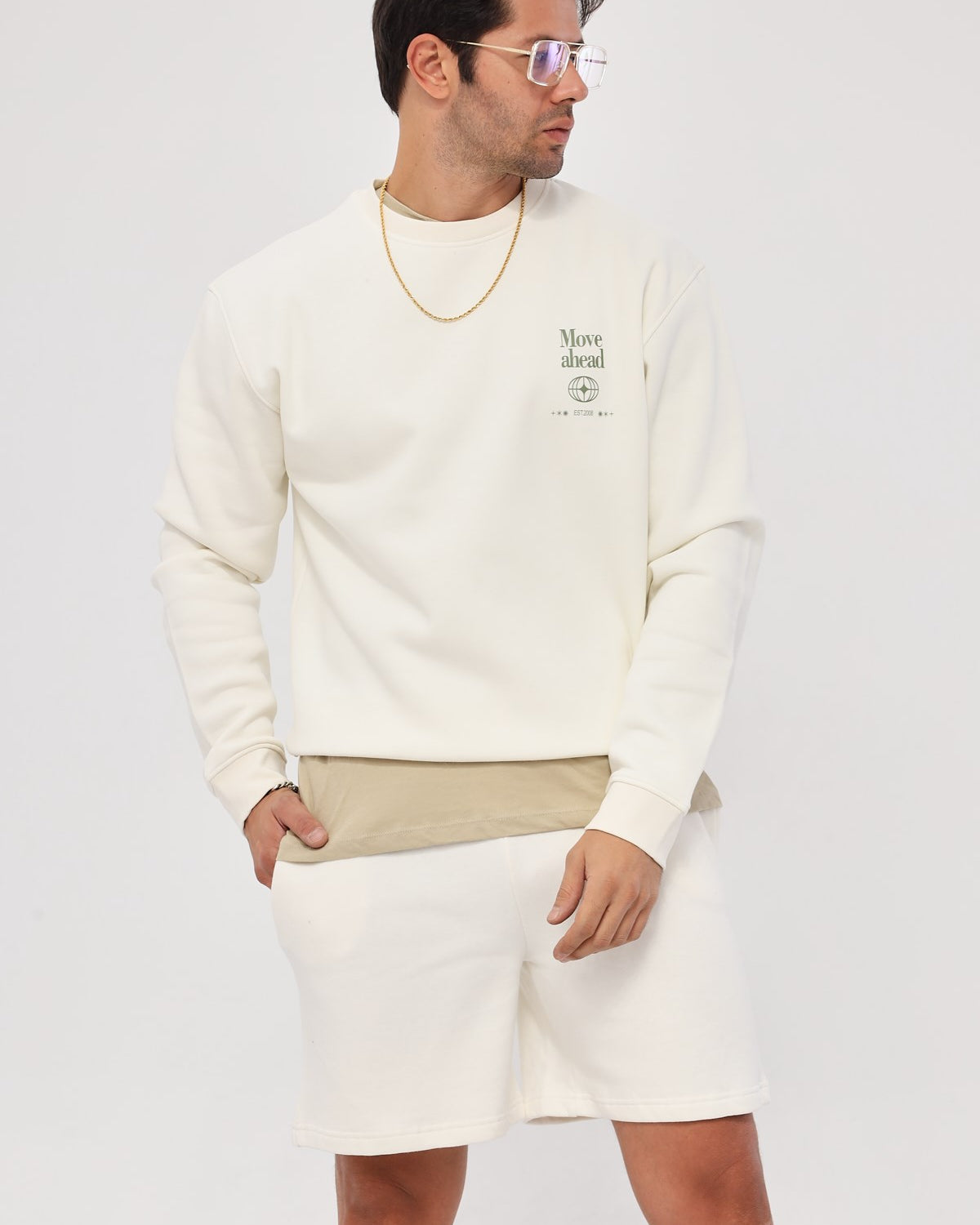 Bisiklet Yaka İçi Polar Move Ahead Yazı Baskılı Beyaz Oversize Sweatshirt