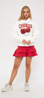 Kapüşonlu İçi Polar Cherries Yazılı Kiraz Baskılı Beyaz Oversize Hoodie Sweatshirt