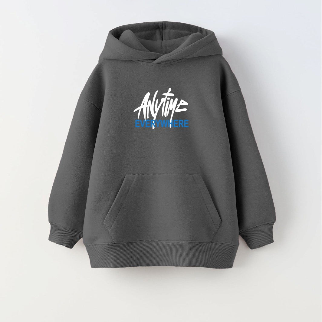 Kapüşonlu İçi Polar Any Time Every Where Baskılı Füme Unisex Çocuk Sweatshirt
