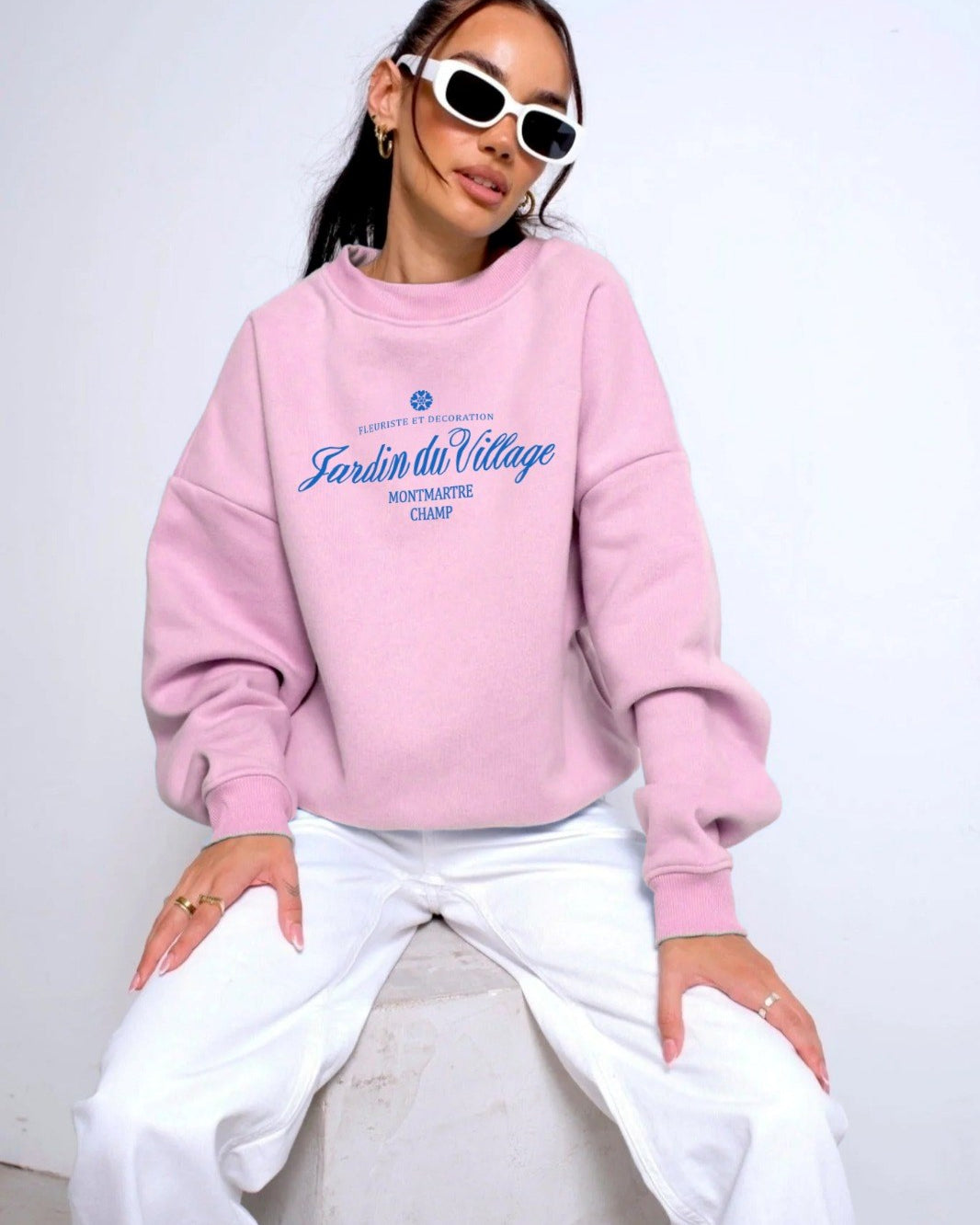 Pembe Bisiklet Yaka İçi Polar Jardin Du Village Yazı Baskılı Oversize Sweatshirt