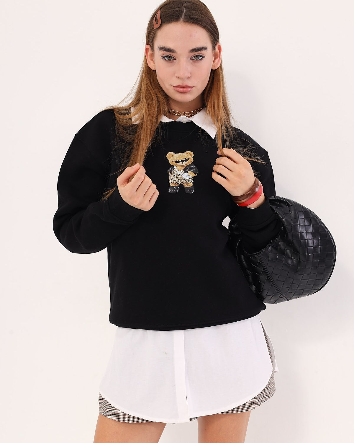 Bisklet Yaka İçi Polar Teddy Bear Leopar Baskılı Siyah Unisex Sweatshirt
