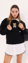 Bisklet Yaka İçi Polar Teddy Bear Leopar Baskılı Siyah Unisex Sweatshirt