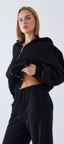 Kadın Oversize Zip Hoodie Siyah – Fermuarlı, Kapüşonlu, Kangru Cep,  3 İplik Şardonlu Polar