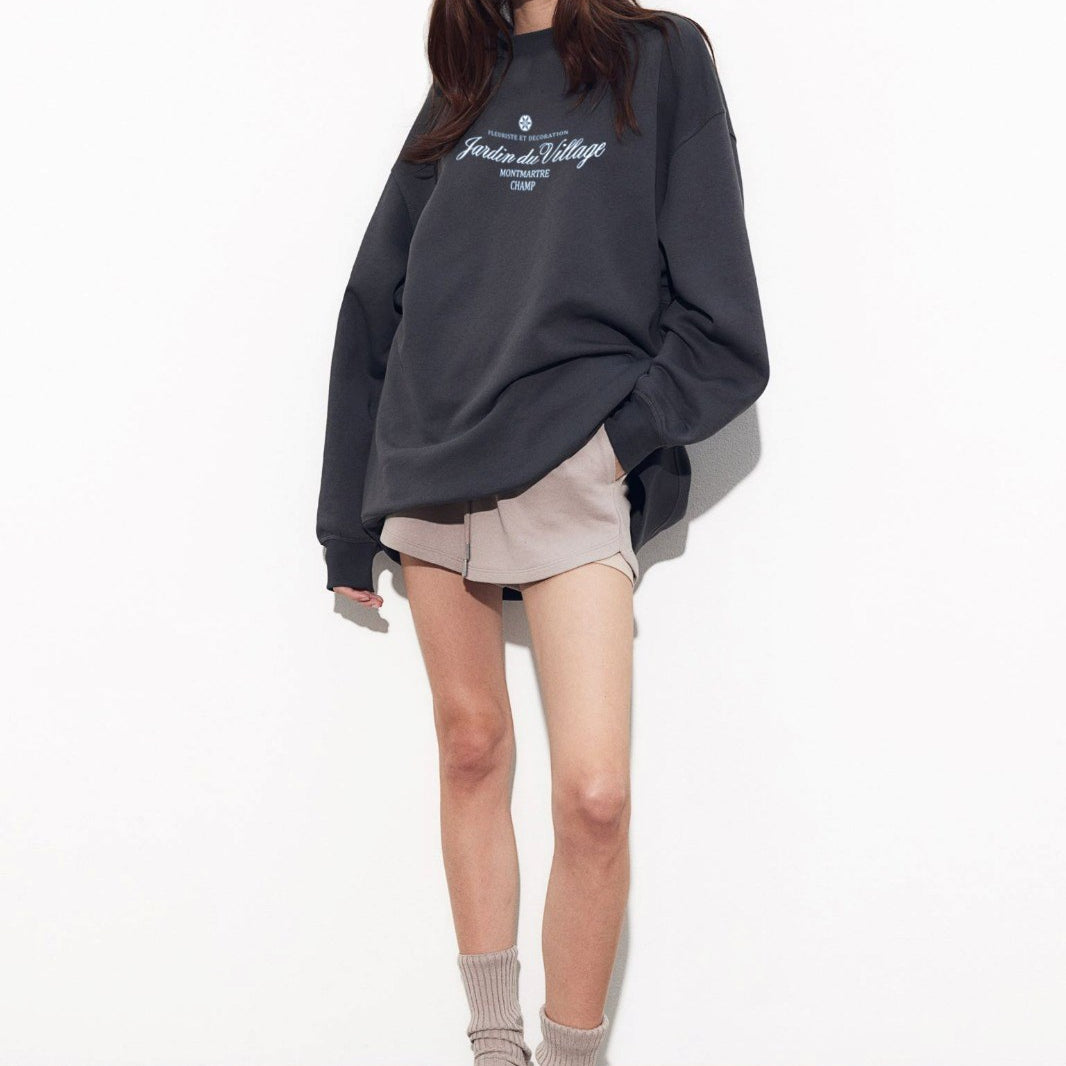 Kadın Füme Bisiklet Yaka İçi Polar Jardin Du Village Yazı Baskılı Oversize Sweatshirt