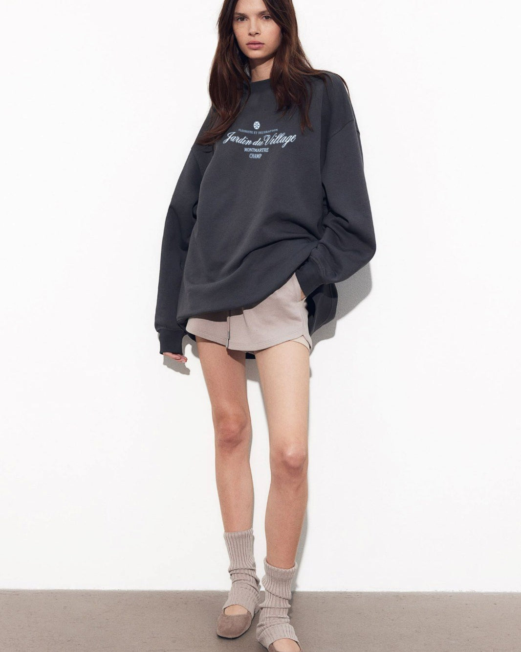 Kadın Füme Bisiklet Yaka İçi Polar Jardin Du Village Yazı Baskılı Oversize Sweatshirt