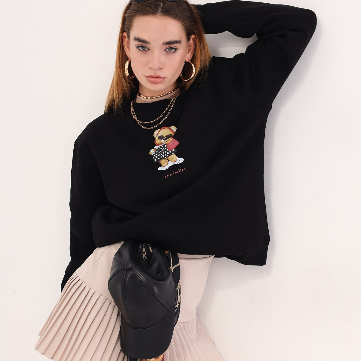 Siyah Bisiklet Yaka Puantiyeli Ayıcık Baskılı Oversize Unisex Sweatshirt