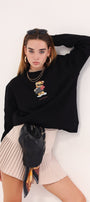 Siyah Bisiklet Yaka Puantiyeli Ayıcık Baskılı Oversize Unisex Sweatshirt