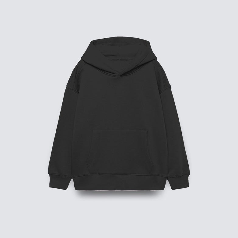 Siyah Basic Çocuk Kapüşonlu Kanguru Cep Detaylı İçi Polar Oversize Sweatshirt