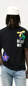 Bisiklet Yaka Heart's Out Baskılı Siyah Oversize Erkek T-shirt