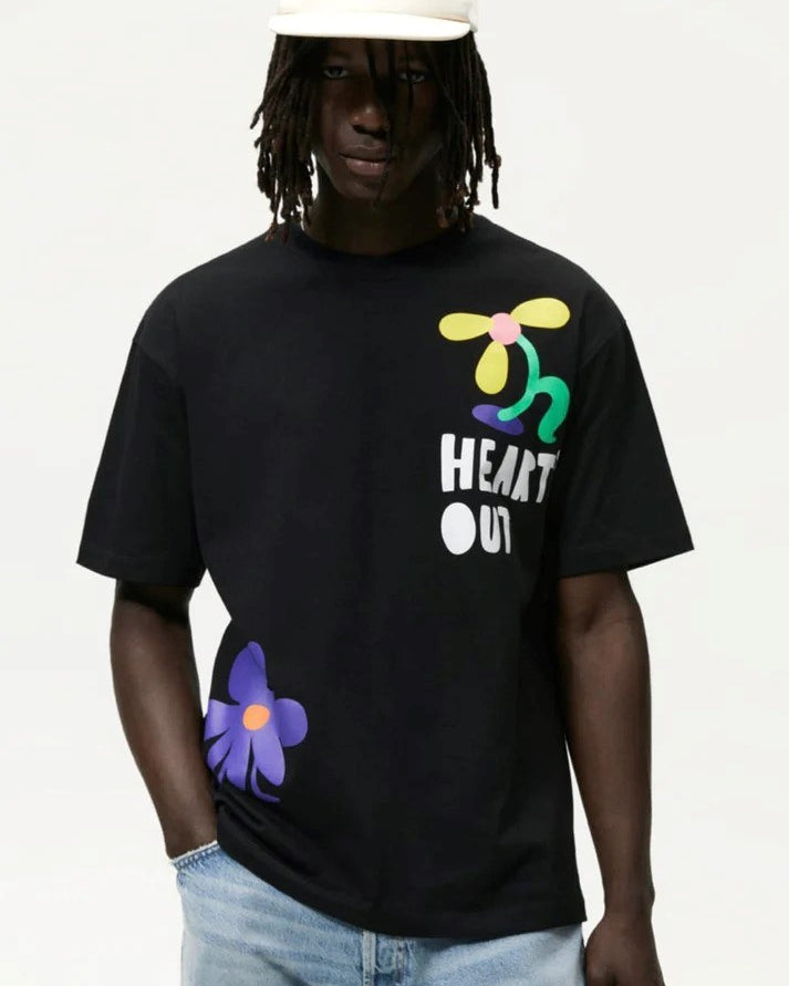 Bisiklet Yaka Heart's Out Baskılı Siyah Oversize Erkek T-shirt