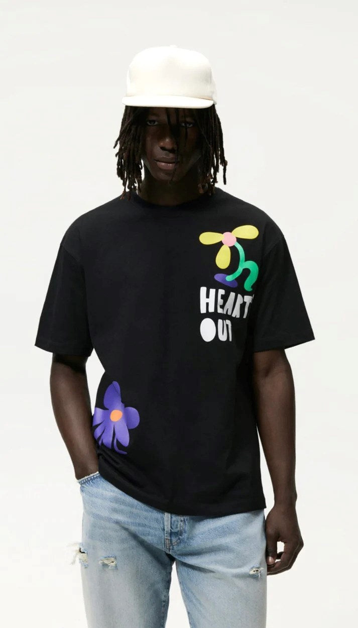 Bisiklet Yaka Heart's Out Baskılı Siyah Oversize Erkek T-shirt