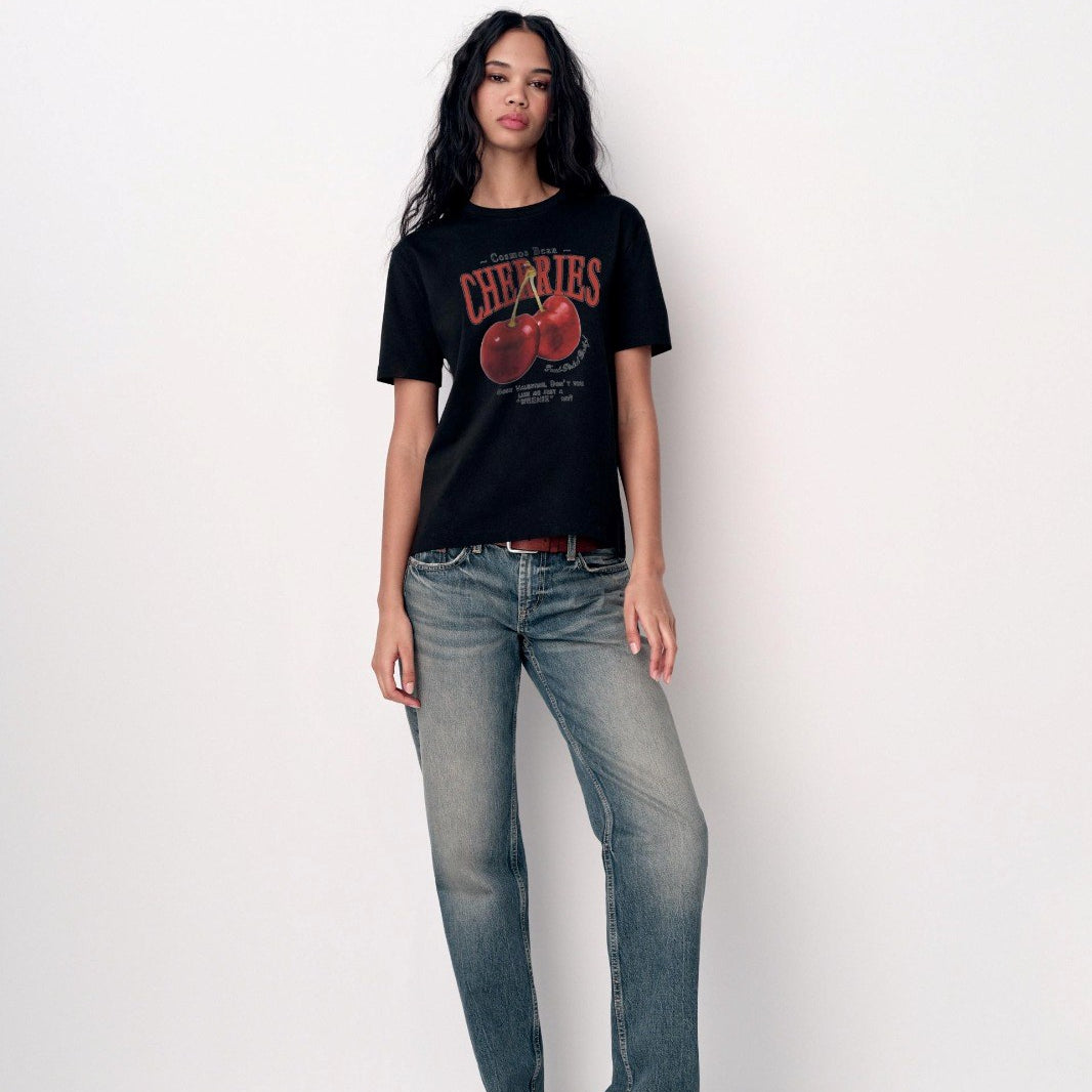 Cherries Yazılı Kiraz Tasarım Baskılı Siyah Kadın T-shirt