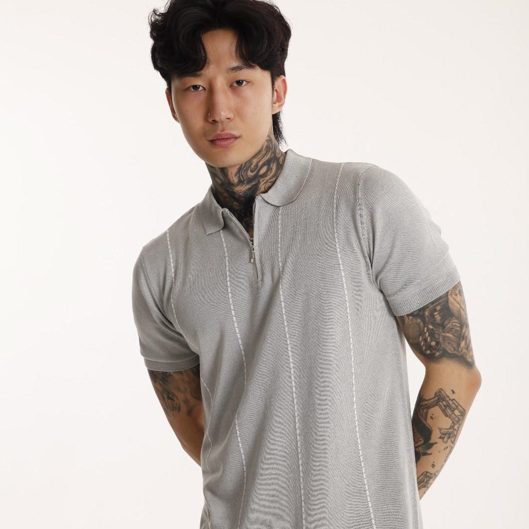 The Champ Polo Yaka Fermuarlı Beyaz Çizgili Triko Örme Gri Erkek T-shirt