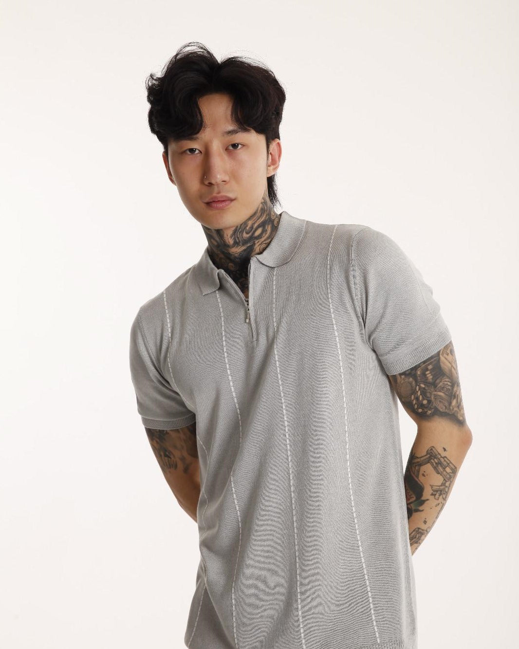 The Champ Polo Yaka Fermuarlı Beyaz Çizgili Triko Örme Gri Erkek T-shirt