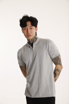 The Champ Polo Yaka Fermuarlı Beyaz Çizgili Triko Örme Gri Erkek T-shirt