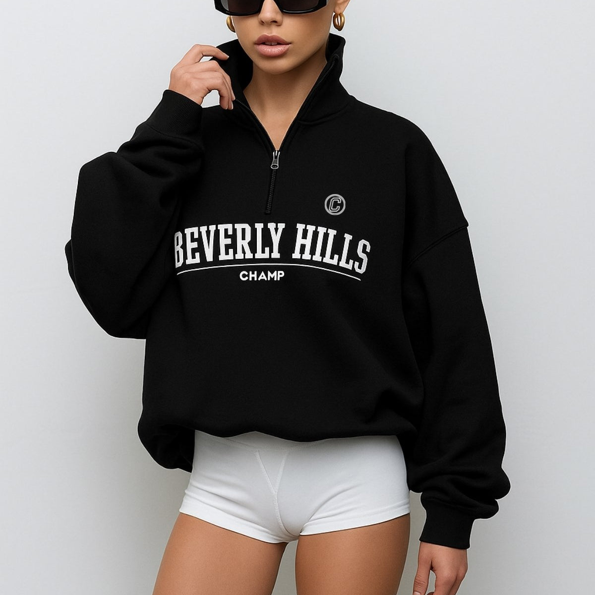 Kadın Siyah Beverly Hills Yazılı Fermuarlı Yarım Balıkçı Yaka Sweatshirt – Rahat Oversize
