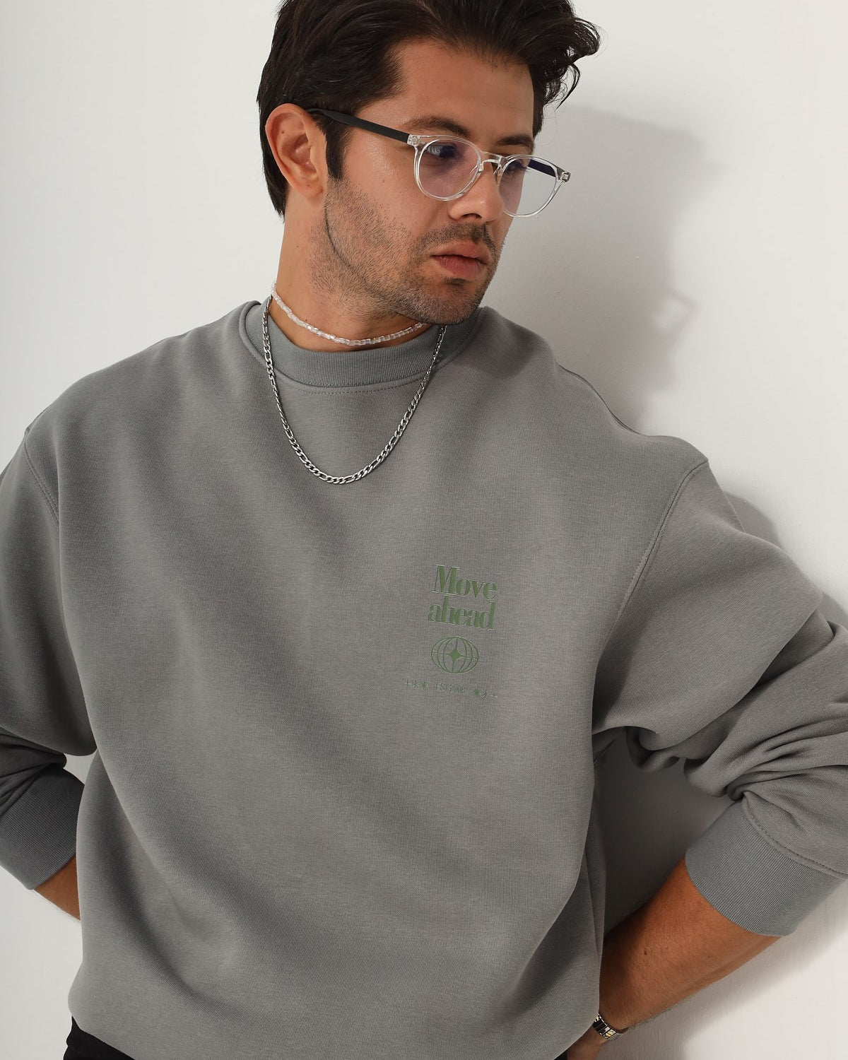 Bisiklet Yaka İçi Polar Move Ahead Yazı Baskılı Füme Oversize Sweatshirt