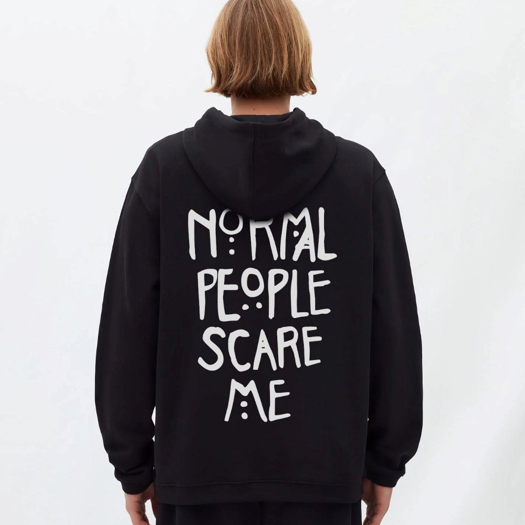 Kapüşonlu İçi Polar Normal People Scare Me Baskılı Siyah Unisex Hoodie Sweatshirt