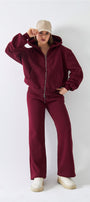 Kadın Oversize Eşofman Takımı Zip Bordo – Fermuarlı, Kapüşonlu, Bol Paça,  3 İplik Şardonlu Polar