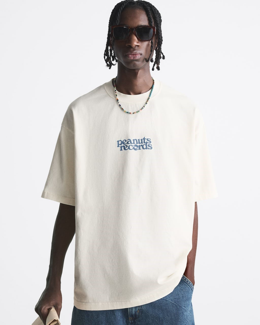 Bisiklet Yaka Peanuts Records Baskılı Oversize Beyaz Erkek T-shirt