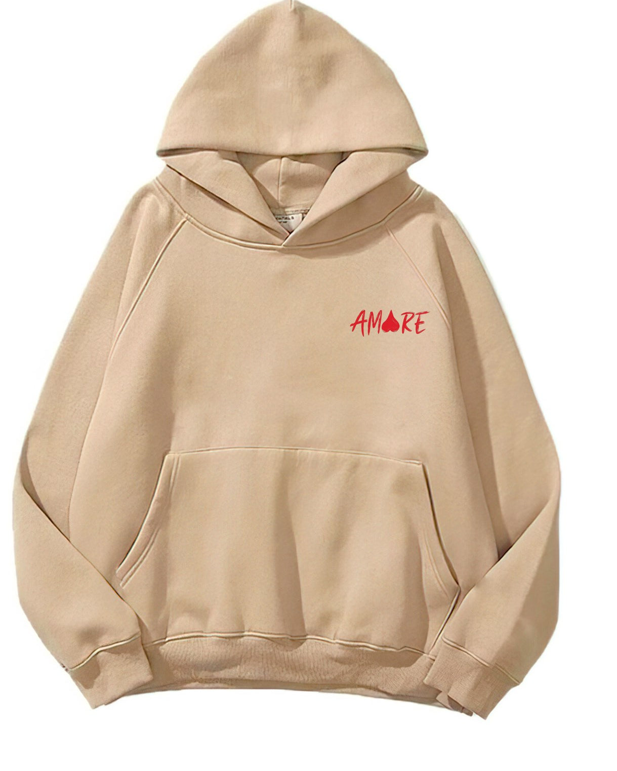 Kapüşonlu İçi Polar Amore Baskılı Bej Unisex Hoodie Sweatshirt