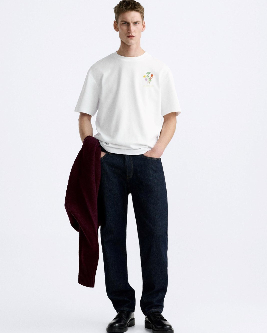 Sooner Or Later Yazılı Lale Tasarım Baskılı Oversize Beyaz Erkek T-shirt