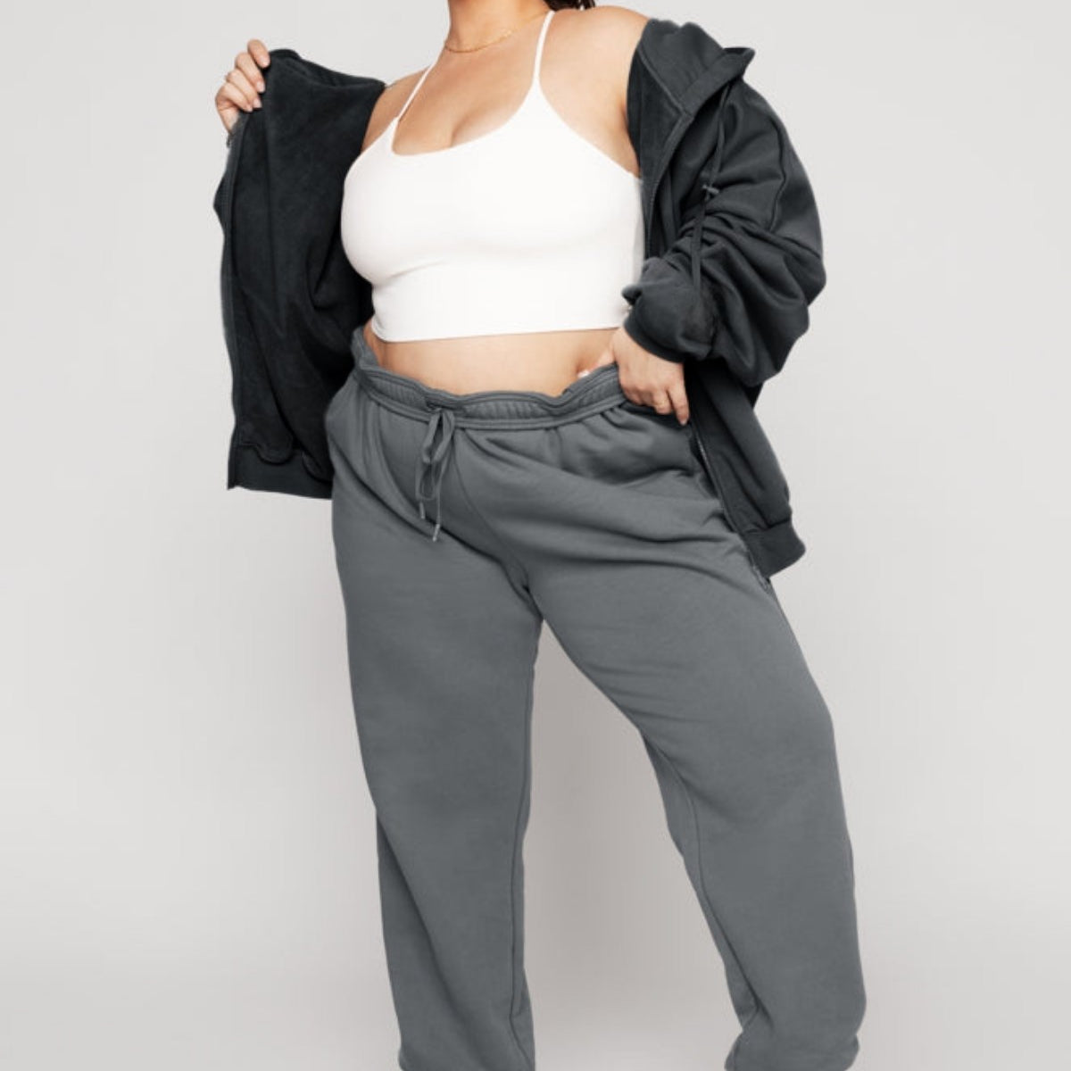 Kadın Füme Kapüşonlu Sweatshirt Fermuarlı 3 İplik Şardonlu Oversize Kesim