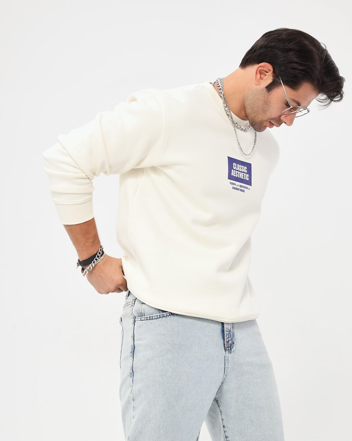 Bisiklet Yaka İçi Polar Classic Atlethic Yazı Baskılı Beyaz Oversize Sweatshirt