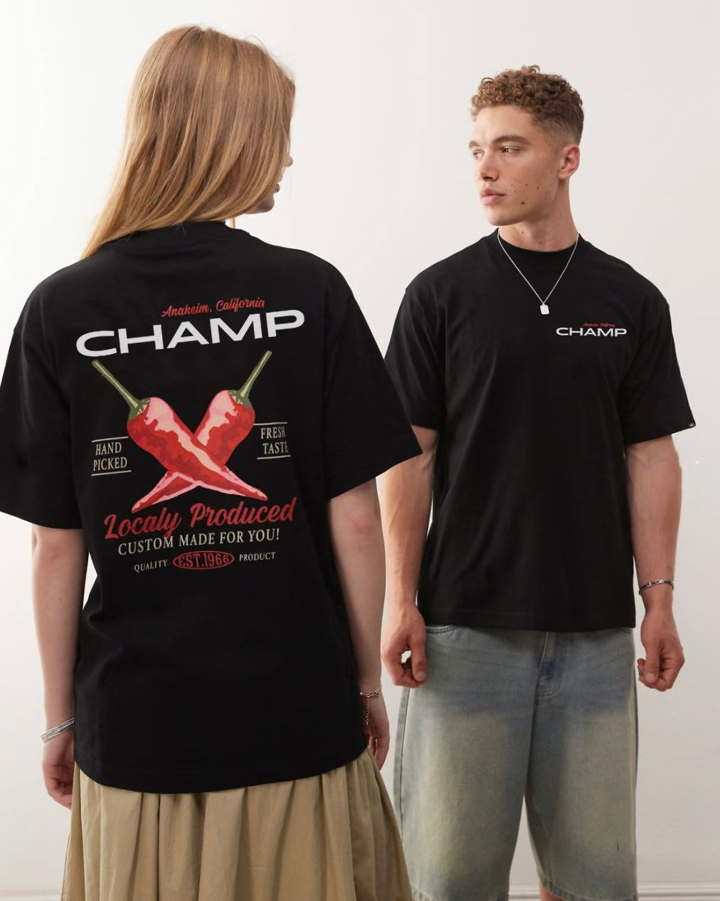 Unisex Siyah Oversize Champ Yazılı Arkası Biber Baskılı Tişört