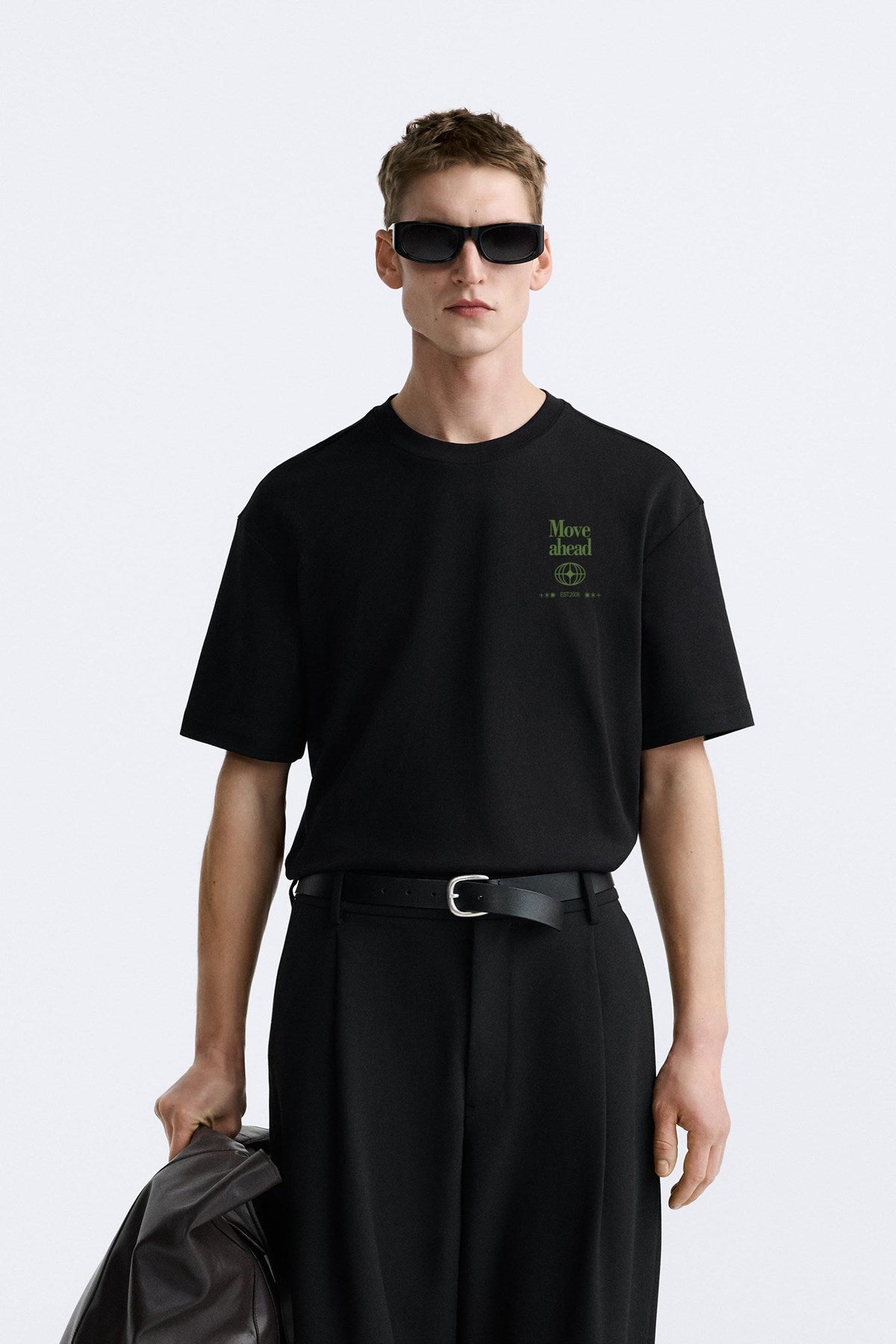 Bisiklet Yaka Move Ahead Yazılı Kordinat Baskılı Oversize Siyah Erkek T-shirt