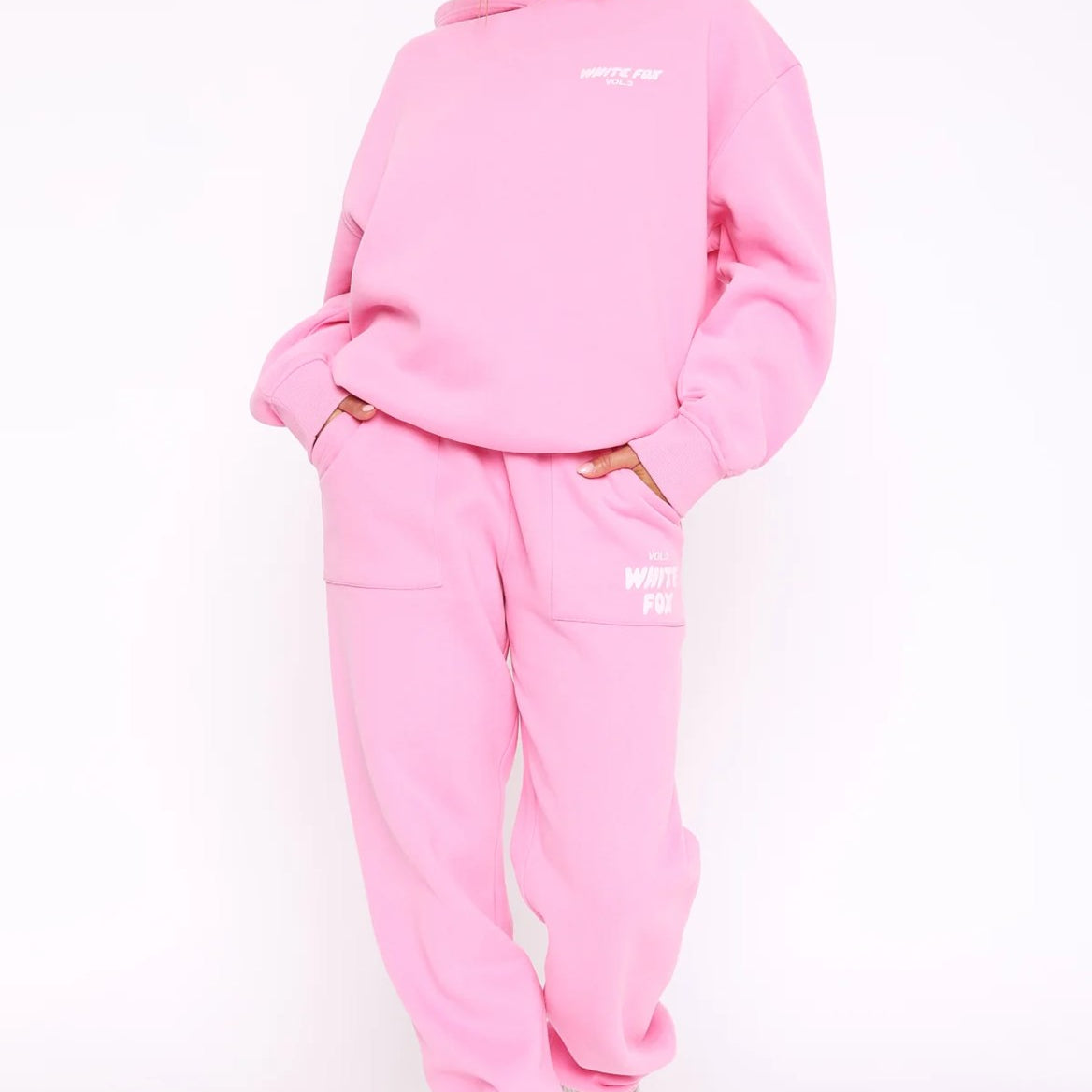 White Fox Kadın Pembe Bel Lastikli Cepli Vol 3 Baskılı Paça Lastikli Eşofman Takımı
