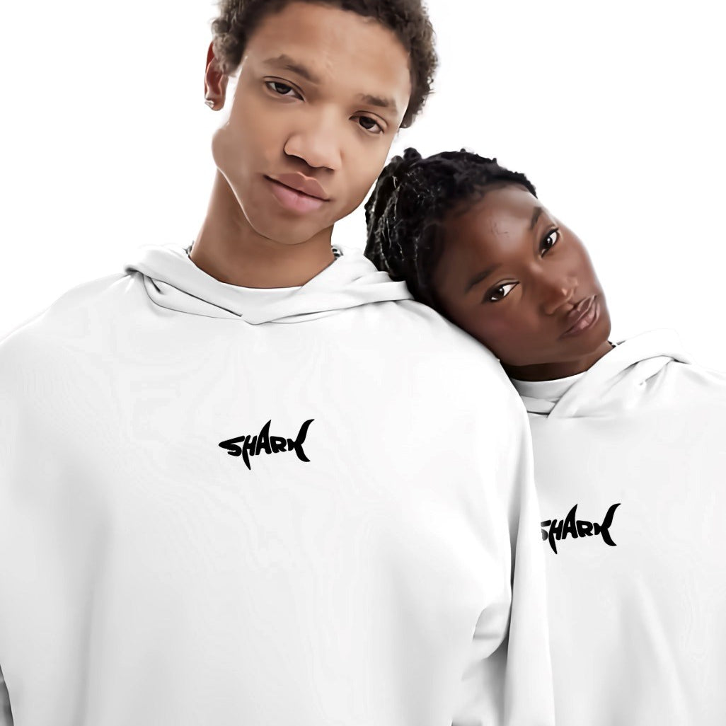Kapüşonlu İçi Polar Shark Baskılı Beyaz Oversize Hoodie Sweatshirt