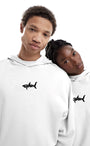 Kapüşonlu İçi Polar Shark Baskılı Beyaz Oversize Hoodie Sweatshirt