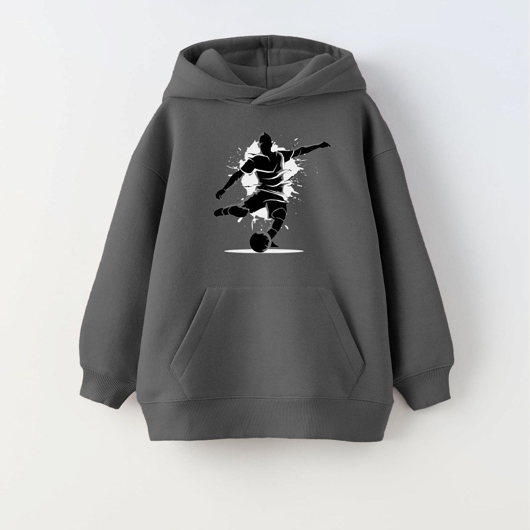 Kapüşonlu Içi Polar Futbolcu Baskılı Füme Unisex Çocuk Sweatshirt