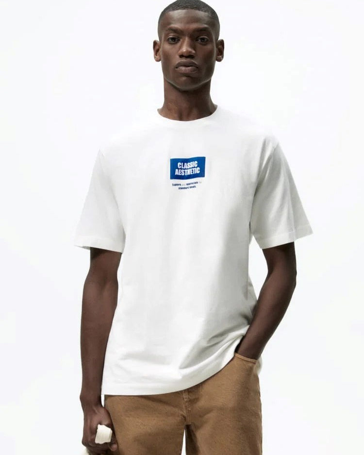 Classıc Aesthetic Yazı Baskılı Oversize Beyaz Erkek T-shirt