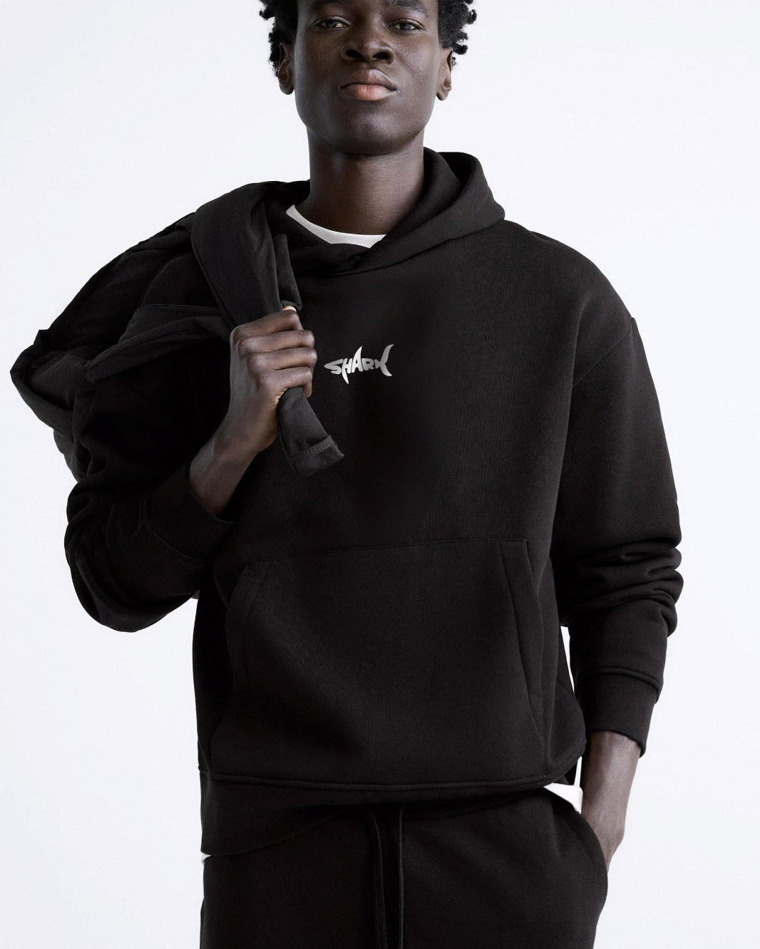 Kapüşonlu İçi Polar Shark Baskılı Siyah Oversize Hoodie Sweatshirt