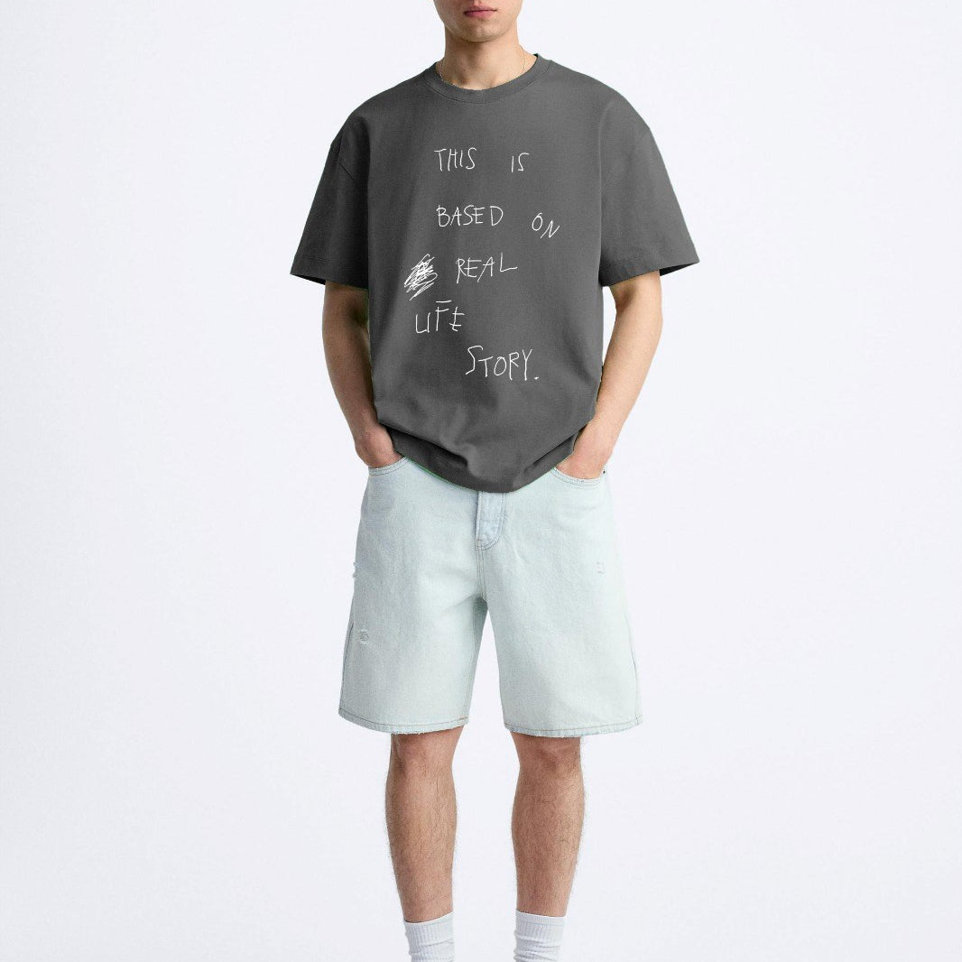 Bisiklet Yaka This İs Based On Real Life Story Baskılı Oversize Füme Erkek T-shirt
