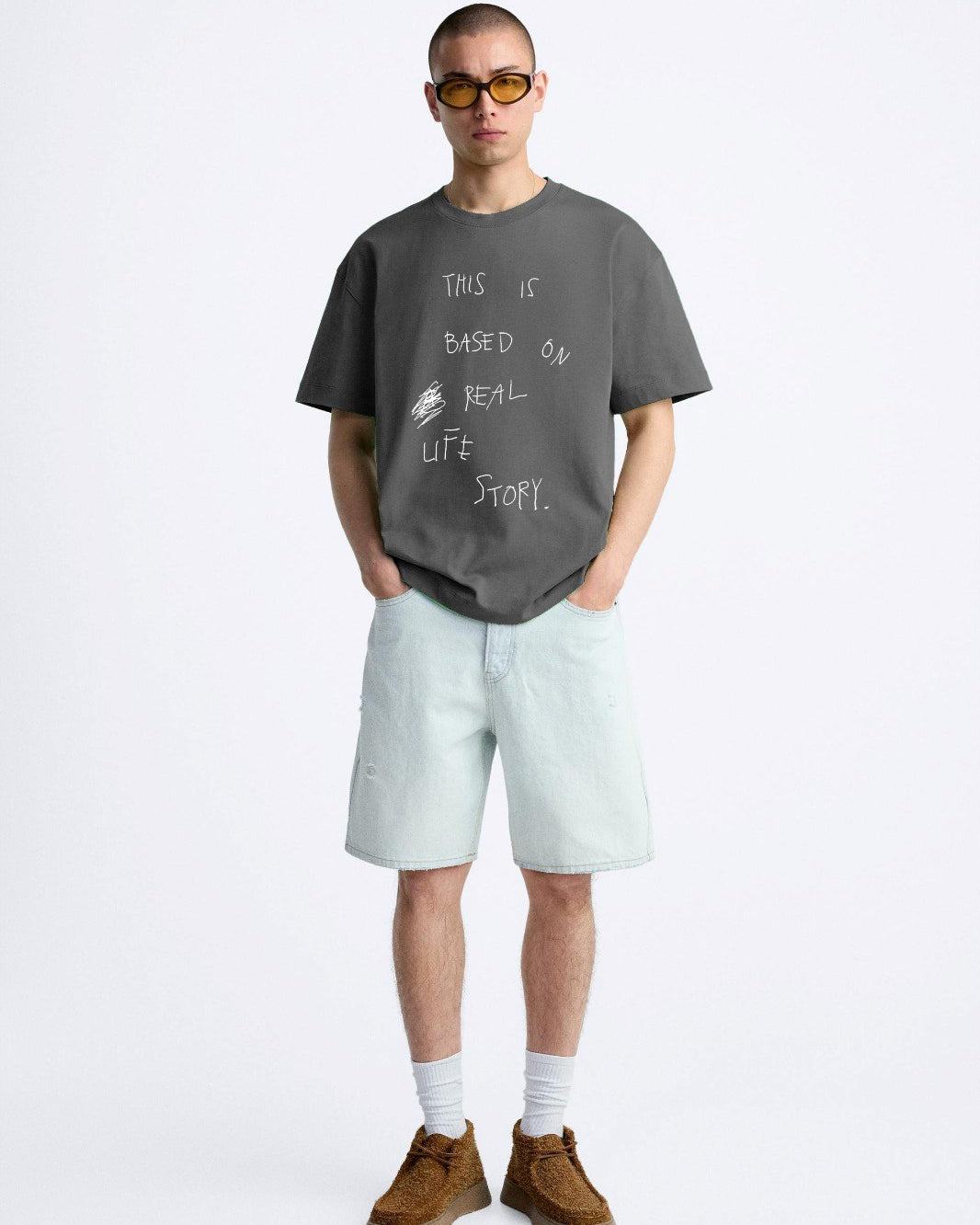 Bisiklet Yaka This İs Based On Real Life Story Baskılı Oversize Füme Erkek T-shirt