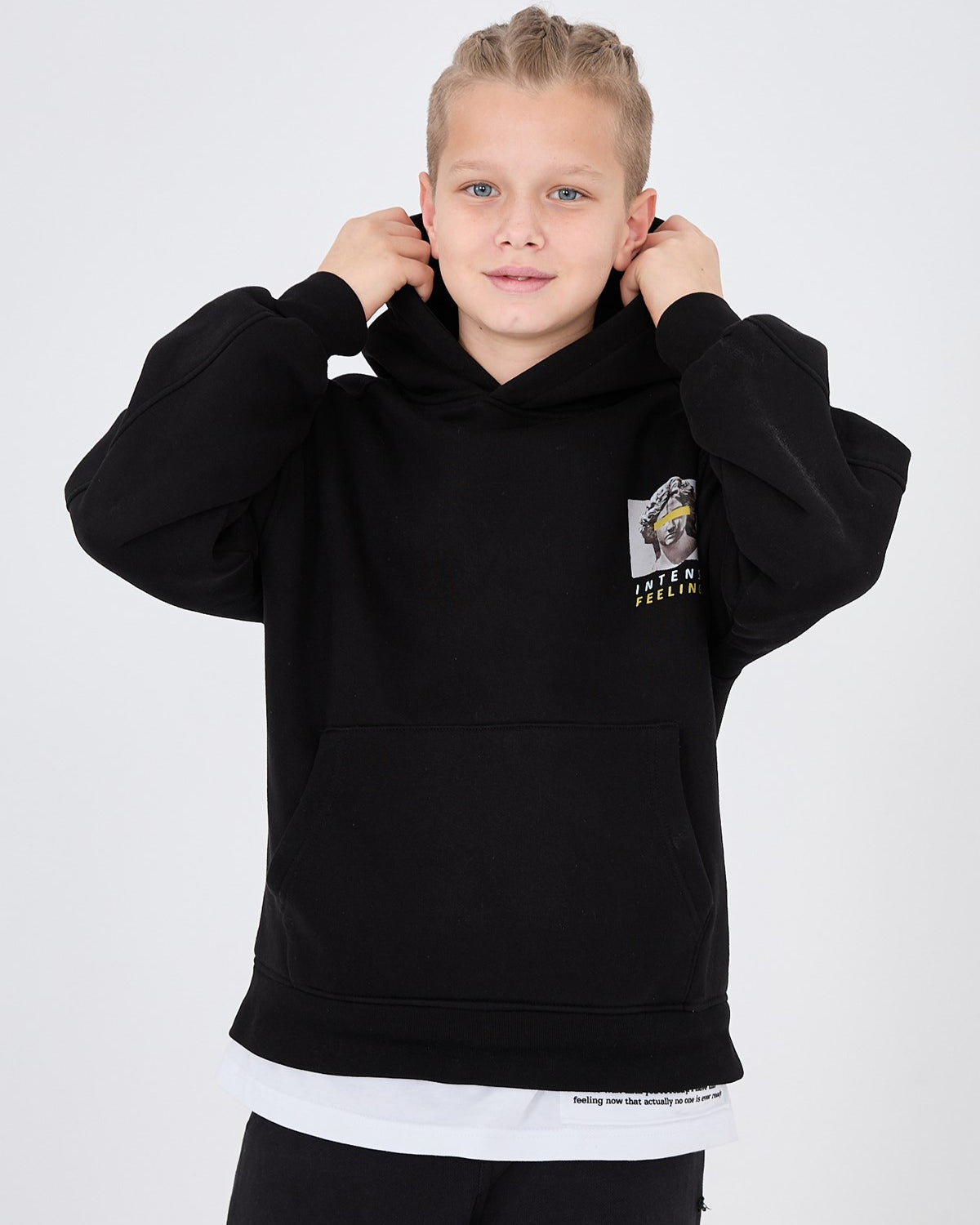 Kapüşonlu İçi Polar Intense Feelings Baskılı Siyah Unisex Çocuk Hoodie Sweatshirt