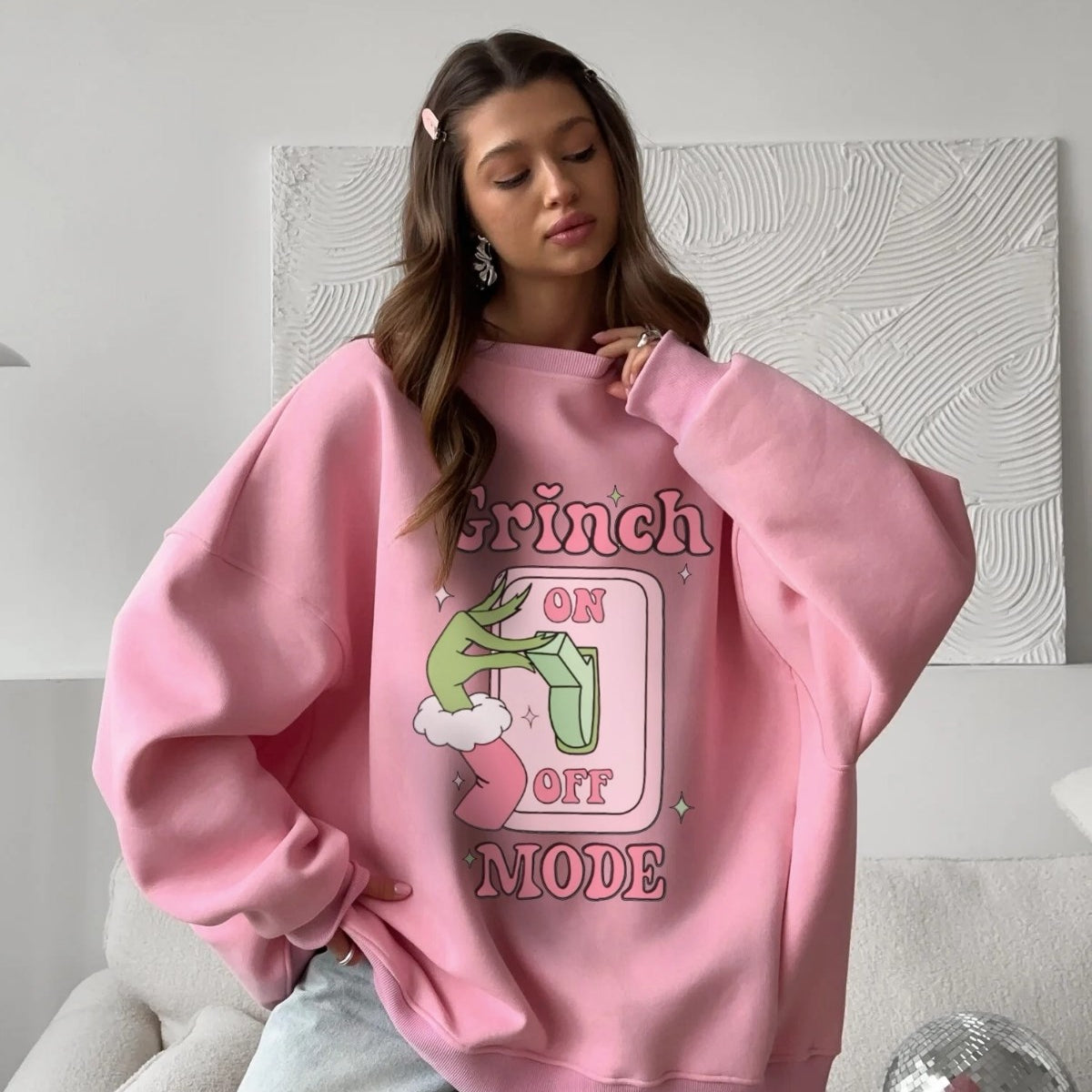 Kadın Oversize Sweatshirt Elbise Grinch Mode Baskılı Pembe – Bisiklet Yaka, 3 İplik Şardonlu Polar