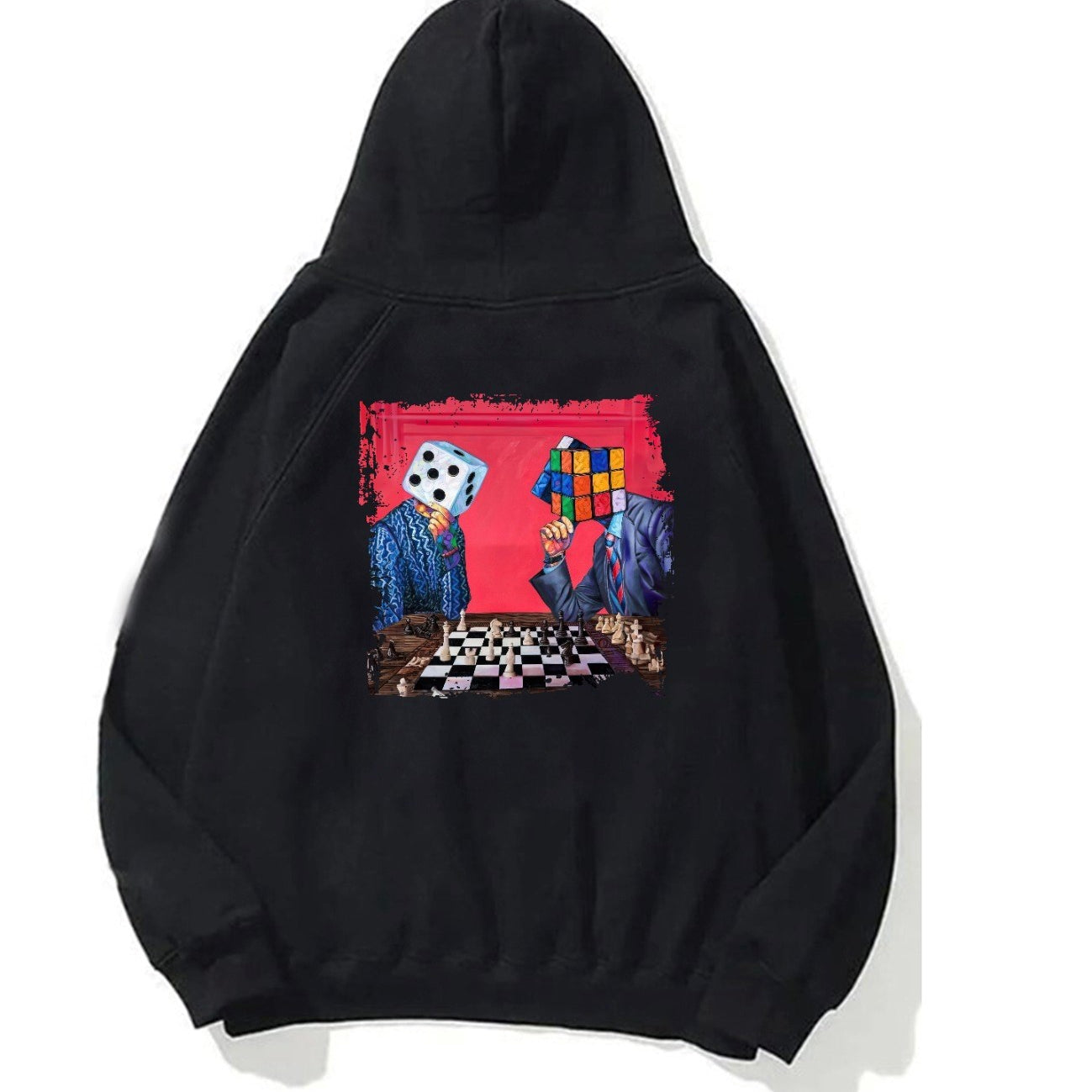 Kapüşonlu İçi Polar Satranç Baskılı Siyah Unisex Oversize Hoodie Sweatshirt