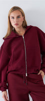 Kadın Oversize Zip Hoodie Bordo – Fermuarlı, Kapüşonlu, Kangru Cep,  3 İplik Şardonlu Polar