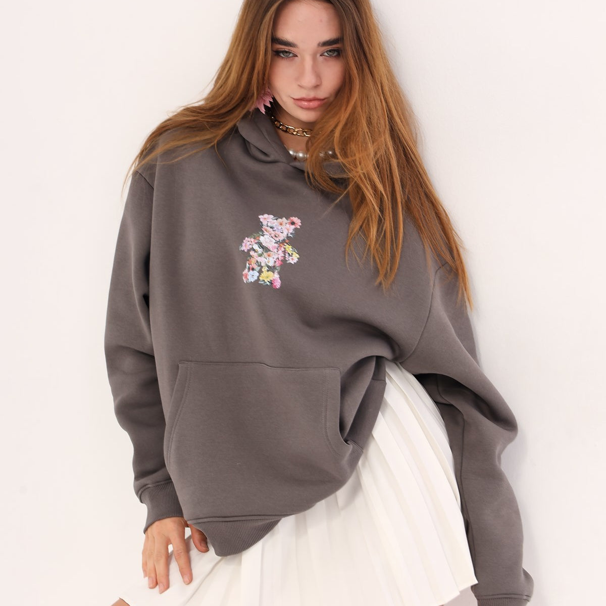 Kapüşonlu İçi Polar Çiçekli Teddy Bear Baskılı Füme Unisex Hoodie Sweatshirt