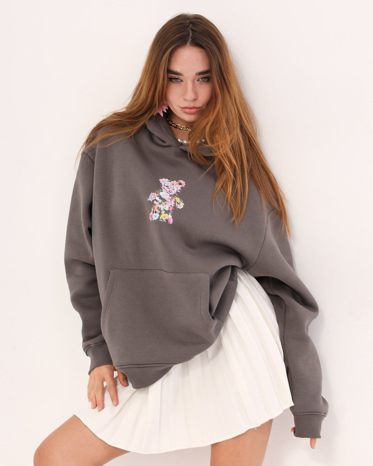 Kapüşonlu İçi Polar Çiçekli Teddy Bear Baskılı Füme Unisex Hoodie Sweatshirt